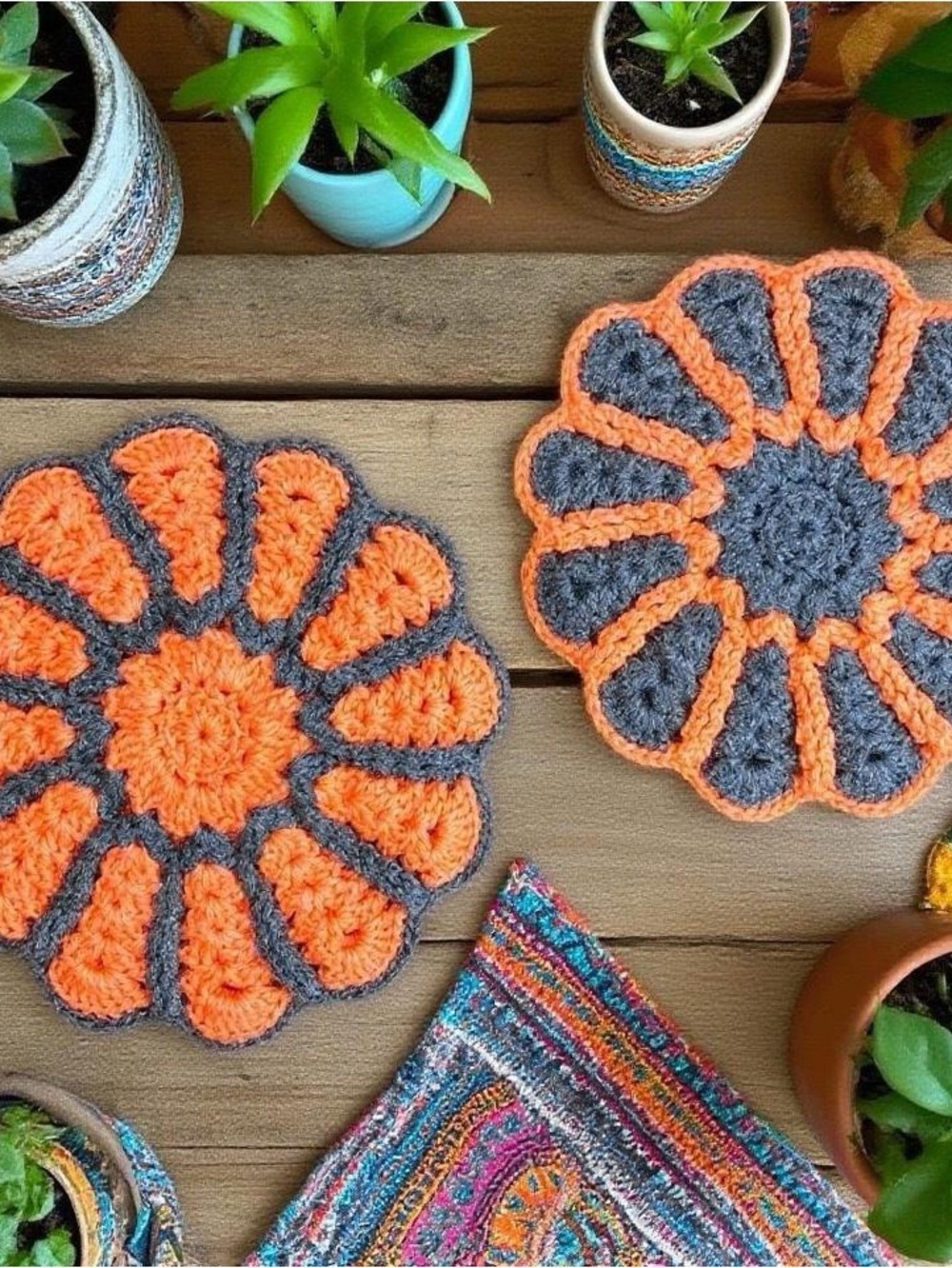 Vintage Handmade Orange & Grey Crochet Hippie Doilies Home Decor